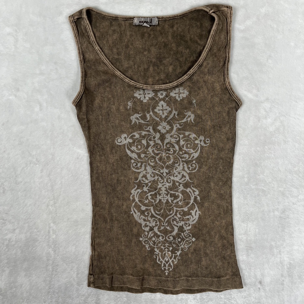 One World Tank Top Womens Medium Brown Scoop Neck Studded Floral Scroll Y2K